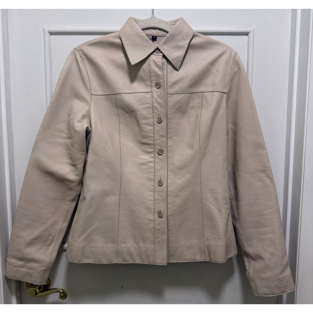 Women's Cream Faux Leather Jacket Size M Button Up Lined Minimalist Collared